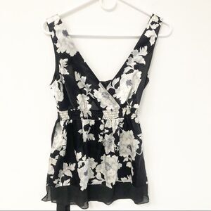 White House Black Market Black White Floral Silk Sleeveless Tank Top